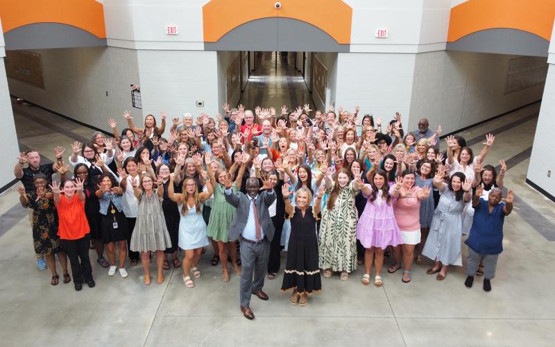 Faculty and staff at North Hart Elementary School celebrate being recognized as one of the Top 5 percent of Title  I schools in the state for its progress in improving student performance. (Photo submitted by Grayson Williams)