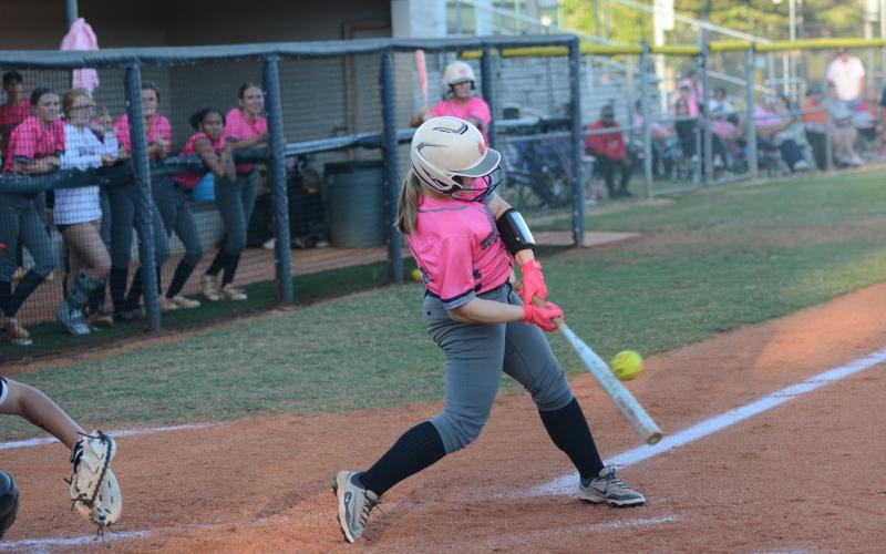 Junior outfielder Peyton McCollum goes 2-4 at the plate while driving in two runs and drawing a walk in the 11-0 win over East Jackson Oct. 2. (Photo by Benjamin London)