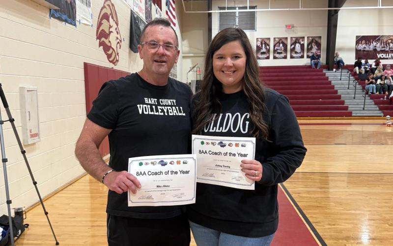 Volley Dogs’ assistant coaches Mike Atkins (left) and Ashley Teasley (right) were honored as the Region Coaches of the Year for Region 8-AA. (Photo submitted by Hart County Volleyball)