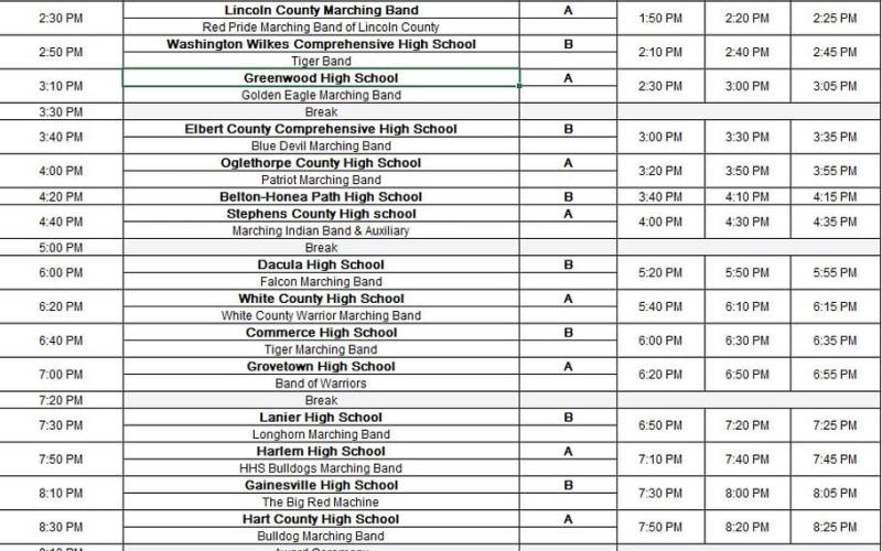 The Bulldog Marching Band’s annual Lake Hartwell Marching Competition is scheduled for Saturday, Oct. 18 at Hart County High School. The first band is set to perform at 2:30 p.m. Hart County is scheduled to take the field at 8:30 p.m. Tickets are $10 for adults and free for children ages five and under. (Schedule courtesy of the Bulldog Marching Band)