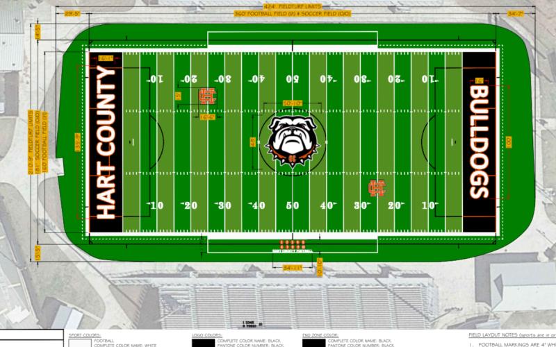 The turf field at Herndon Stadium, which is nearing 10 years old, is set to be replaced following the 2026 football season with ESPLOST funds. Rendering courtesy of the Hart County Charter System.