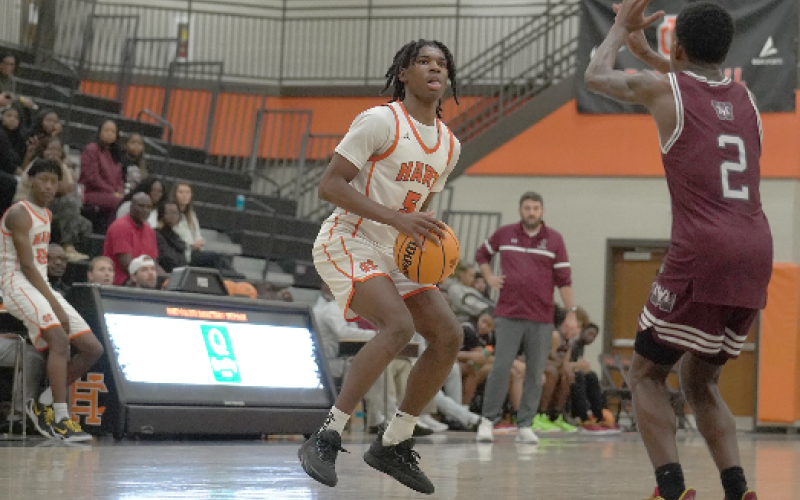 Senior forward Ramarcus Simpson pulls up for a three in the 67-56 loss to the Rams of Westside Jan. 10 in the North Georgia Report Lake Hartwell Border Battle. Photo by Ric Williams.