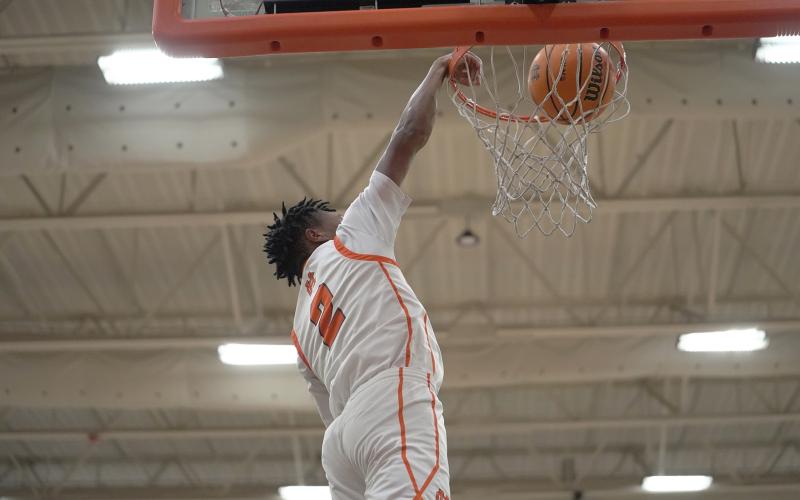 Senior guard Zaylen Shealer slams it home in the 66-48 win over the Indians of Stephens County Jan. 23.  Photo by Gavin Thomason.