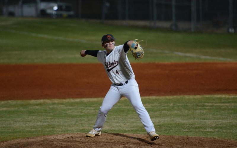 Junior pitcher Riley Sanders pitched three scorless innings in relief while striking out six and allowing one hit in the 7-6 win over Banks County Feb. 9. Photo by Benjamin London.