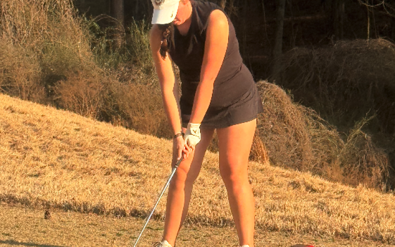 Emma Shiflet looks to drive the ball from the tee box, as she was the low medalist in the wins over Elbert County and Franklin County. Photo submitted by Ben Osborne.