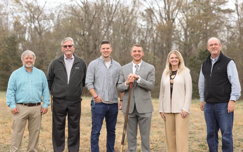 The Cornerstone Baptist Church building committee broke ground on the new home of Cornerstone's Student Ministry Center March 15. Pictured are (L-R) Tony Ferguson, Todd Minish, student pastor Dan Mullis, senior pastor Brad Starnes, Tonya Bridges and Todd London. Photo by Carrie Troska.