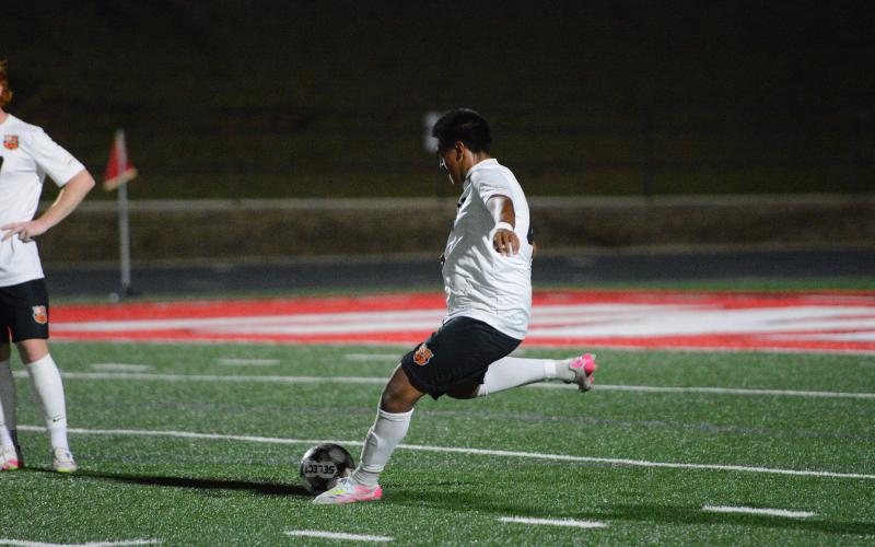 Defensive back German Franco sends the up the field on a free kick in the 3-1 loss to Stephens County March 20. Photo by Benjamin London.