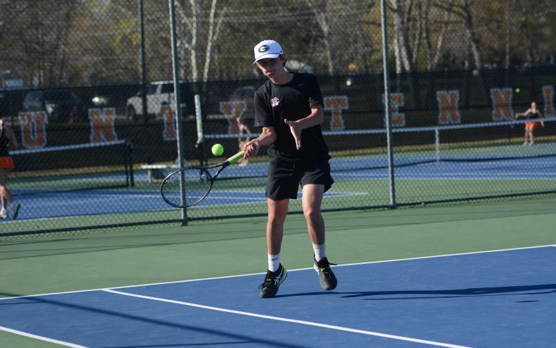 Despite falling against Hebron, 2-6 and 1-6, at No. 2 singles March  19, Jacob Moon responded with a 6-0 and 6-2 win over BASA March 20 and a 6-3 and 6-1 win over East Jackson March 24. Photo by Benjamin London.