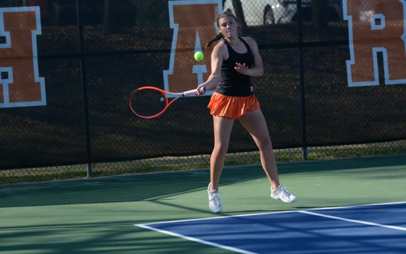 Despite falling against Hebron, 0-6 and 0-6, at No. 1 singles March 19, Lyla Phillips responded with a 6-0 and 6-3 win over BASA March 20 and East Jackson March 24. Photo by Benjamin London.