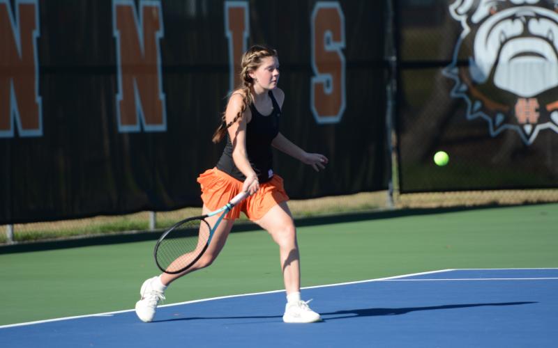 Mary Charlotte Gordon captures a 6-0 and 6-0 win at No. 2 doubles March 17 against the Lady Lions of Lakeview Academy. Photo by Benjamin London.