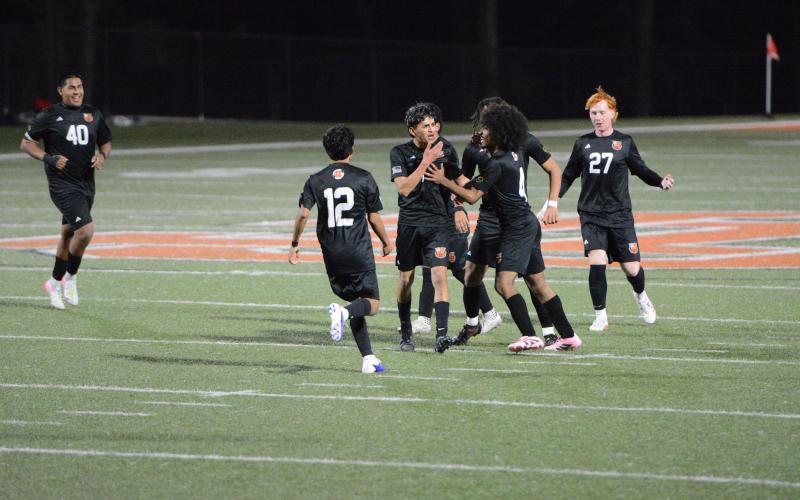 Midfielder Noé Ramírez Padilla celebrates after scoring from long range in the 4-0 win over the Wildcats of Rabun County Feb. 27. Photo by Benjamin London.