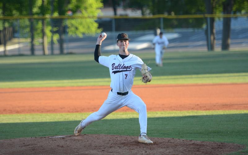 Junior pitcher Max Martin pitched six innings, allowing three hits, two runs, issued one walk and struck out five in the 9-2 win over East Jackson April 17. Photo by Benjamin London.