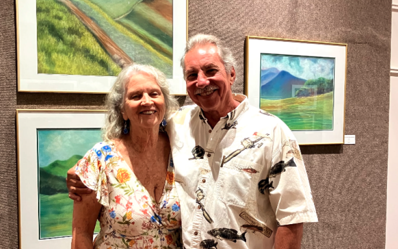 Pictured during the opening night of Nancy Duckworth's display at the Hartwell Art Center are (L-R) Duckworth and her husband, John Atkinson. Her display, "Earth's Beauty: Lands, Waters, Skies" is open through May 16.  Photo submitted by Nancy Duckworth.