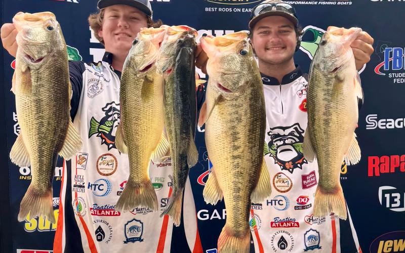 Hart County High School sophomore Kain Norris (left) and senior Cooper Sanders (right) have qualified for the Major League Fishing High School National Championship and World Championship on Lake Cumberland in Kentucky in June after reeling in the 2026 TBF Georgia State Championship April 4 on Lake Hartwell. (Photo courtesy of Kayla Segars)
