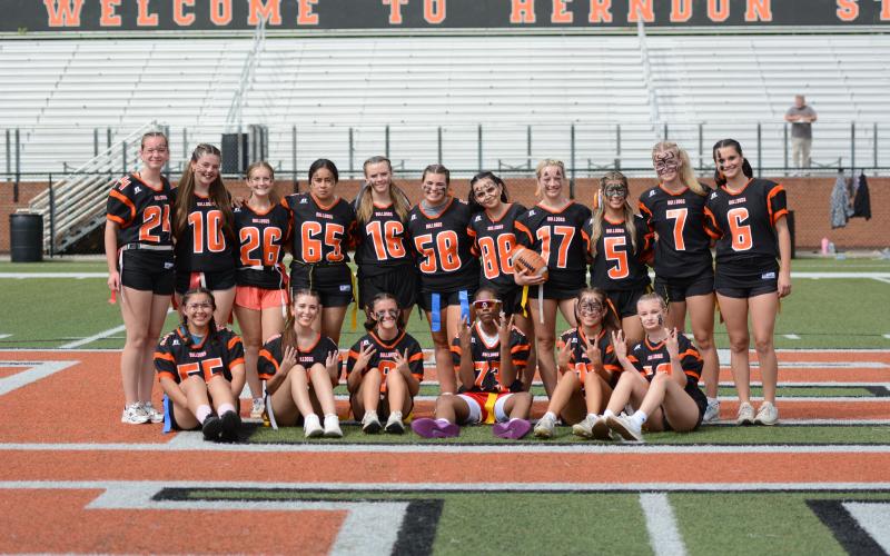 Pictured are the athletes who represented the Seniors and captured the 12-6 win over the Juniors in the annual Powderpuff flag-football game in Herndon Stadium May 22. Photo by Benjamin London.