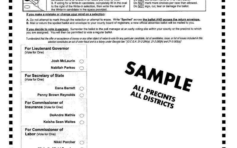 A sample ballot for the June 16 Democratic runoff includes races for Lieutenant Governor, Secretary of State, Commissioner of Insurance and Commissioner of Labor. Sample ballots courtesy of the Hart County Board of Elections and Registration.