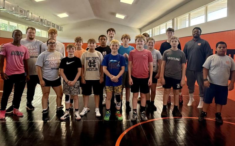 Pictured is the afternoon group of campers ages 10-years-old and up, along with former and current wrestlers and coaches who participated in the advanced techniques camp July 17.  Photo submitted by Hart County Wrestling.