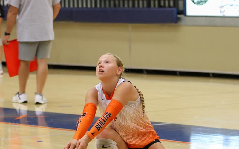 The Volley Dogs losing streak continued during their trip to Mt. Airy Aug. 25, as they lost to the Patriots of Oglethorpe County, 18-25 and 18-25, to fall 2-0. Then would get beat by the Raiders of Habersham Central, 19-25 and 18-25. Pictured above to the left is libero Addison Coles collecting a dig. Photo by London Todd..