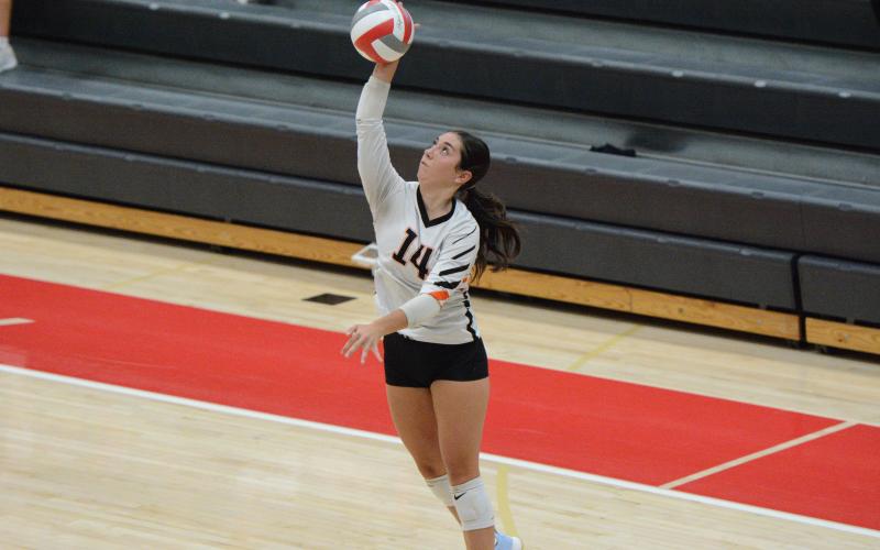 Pictured is setter Josee Fleming serving the ball into play, as the Volley Dogs dropped back-to-back matches to Prince Avenue Christian, 19-25 and 24-26, and to Madison County, 25-22, 17-25 and 8-15 Aug. 18. Photo by Benjamin London.