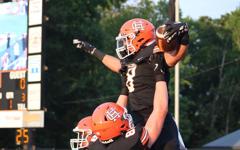 Senior running back Kaidyn Allen celebrates after scoring the opening touchdown in the 51-3 win over the Raiders of Habersham Central Aug. 21. Photo by Grayson Williams.