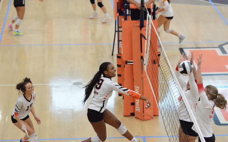 Pictured is Trinity Freeman getting a point for the Volley Dogs after a kill in the 2-0 loss to Clarke Central Aug. 27. Photo by Benjamin London.