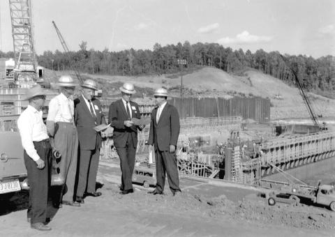 Shown in this undated photo is a group of men at the Hartwell Dam construction site. Construction of the dam began in 1955, after being authorized by the Flood Control Act of 1950.