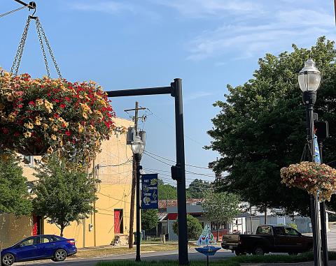 Flower baskets, shown here, were recently taken down in downtown Hartwell. 