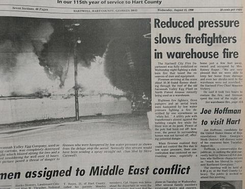 The front page of the Aug. 15, 1990 edition featured a photo and story about a warehouse fire on N. Forest Avenue in Hartwell. 