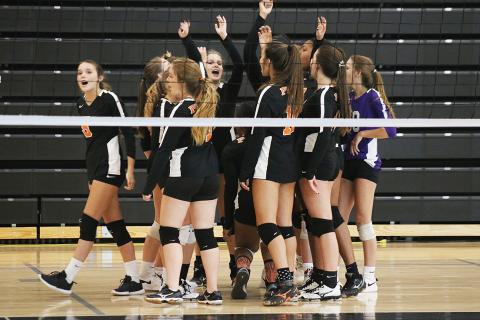 Sunshots by Grayson Williams — The Hart County Volleydogs celebrate a point during a match last week at Hart County High School.