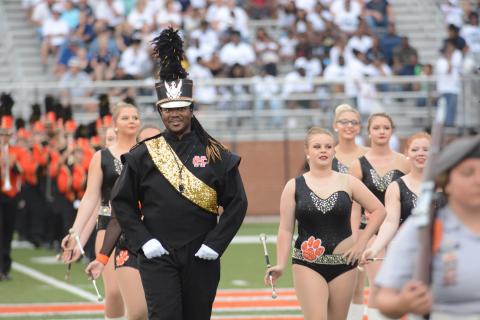 File photo — Drum Major Rendarris Gaines leads the Bulldog Band on the field this season. 