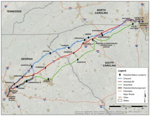 Map submitted by GDOT — This map shows the proposed possible routes of a high-speed rail system from Atlanta to Charlotte, N.C., one of which could run near or through Hart County