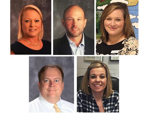 At the top, from left, Lydia Bennett of Hartwell Elementary, J.T. Stewart of South Hart Elementary and Haley Smith of North Hart Elementary. At the bottom is Kevin Gaines, left, Hart County High School and Jacqueline Brock, right, Hart County Middle School. 