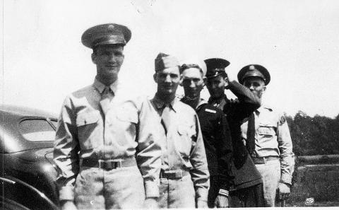 Photo from Franklin County Citizen Leader file — From left to right, John Smith, Bill Smith, Troy Smith, J.C. Smith and Lewis Smith pose for a photo while still in the service in the World War II era. 