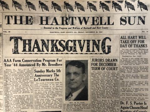 Thanksgiving wishes from the Hartwell Sun in 1943