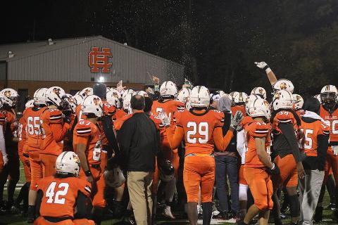 The Hart County Bulldogs celebrate their win over Haralson County last week at Herndon Stadium.