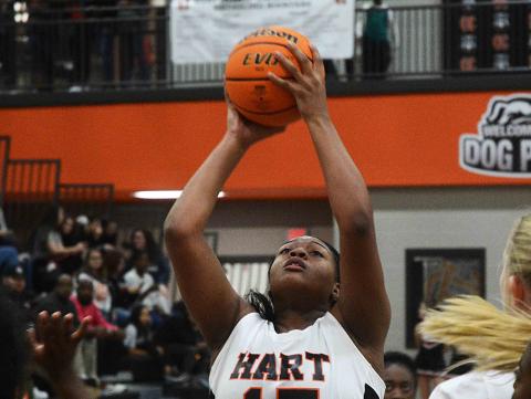 Taniya Alexander puts up a shot recently at Hart County High School on Ensley-McCurley Court.