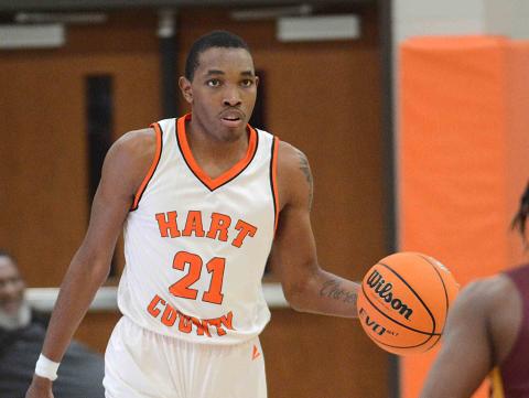 Hart County's Shone Webb brings the ball up court in a recent game at Hart County High School on Ensley-McCurley Court.