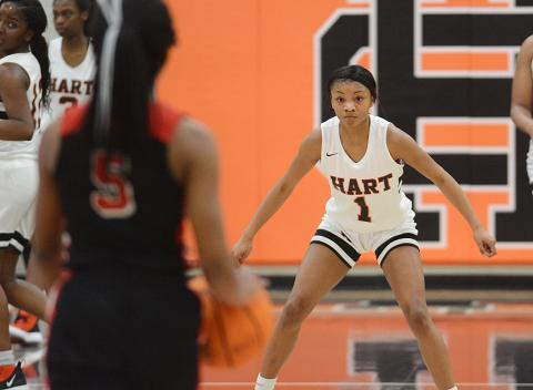 Sunshot by Michael Hall - Valasha Carter zeroes in on a Stephens County opponent on Jan. 24 at Hart County High School. 