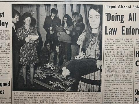 The front page from Jan. 13, 1972, featured a photograph of students getting ready for the Miss Hart County High pageant. Pictured are, kneeling, from left to right are, Anne Black and Becky McLane. Standing left to right are David Eaves, Hellen Dowis, Bobby Little, Beth Cacchioli and Debra Bagwell. 