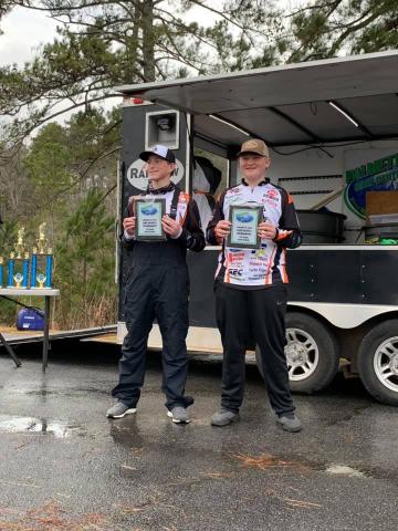 Photo submitted - Dallas Hancock, left, and Xander Patton, show off their first-place plaques for winning the PBC tournament on Lake Russell. 