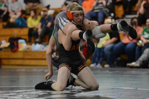 Sunshot by Grayson Williams - Hart County’s Duncan Ringer wrestles a Franklin County opponent on Tuesday in Carnesville.