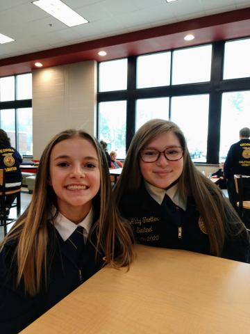 Photo submitted Hannah Coker and Abby Trotter were pumped up ahead of their public speaking CDE’s at Madison County High School. Hannah competes in Creed Speaking and Abby competed in Prepared Public Speaking.