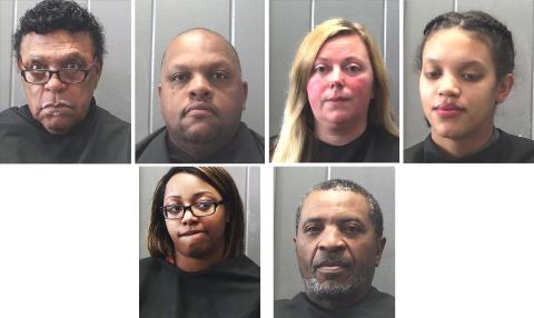 Booking photos from the Hart County Detention Center — From left to right, top row, R.C. Oglesby, Steven Oglesby, Amy Oglesby, Dasia Oglesby. Bottom row, Nelson Blackwell and Monique Oglesby.