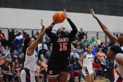 Sunshot by Grayson Williams - Hart County’s Taniya Alexander puts up a shot against Franklin County at Emmanuel College on Feb. 7.