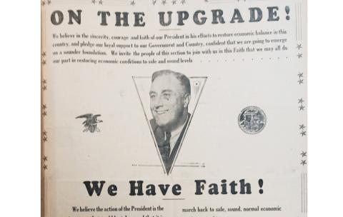 A full-page ad in the March 17, 1933 edition of The Hartwell Sun touted two banks' faith in FDR to bring the U.S. out of the Great Depression. 