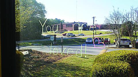 A message of love as written on a window by teacher Kristen Zemaitis at Hartwell Health and Rehab.