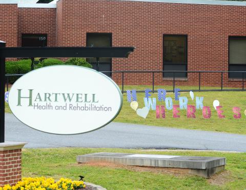Sunshot by Grayson Williams — A message reading “Heroes work here” is displayed in the front lawn of Hartwell Health and Rehabilitation on Wednesday morning on Cade Street in Hartwell. 