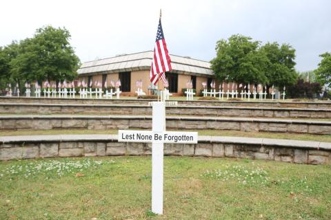 Crosses with flags are on display on the Hart County Courthouse lawn to honor Hart County's fallen. 