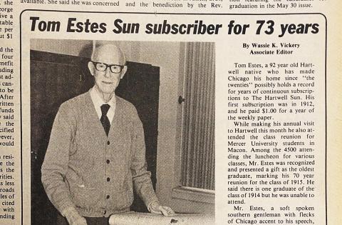 92-year-old Hartwell native Tom Estes visits from Chicago. 