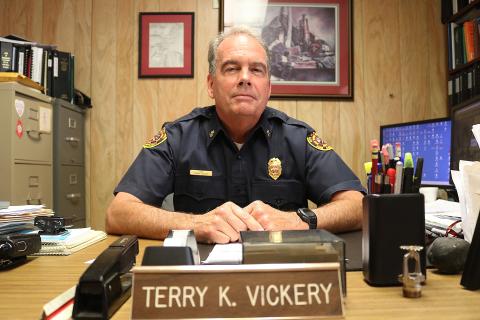 Sunshot by Grayson Williams — Hartwell fire chief Terry Vickery poses for a photo in his office. Vickery will retire at the end of this year after 45 years on the job with the Hartwell Fire Department.